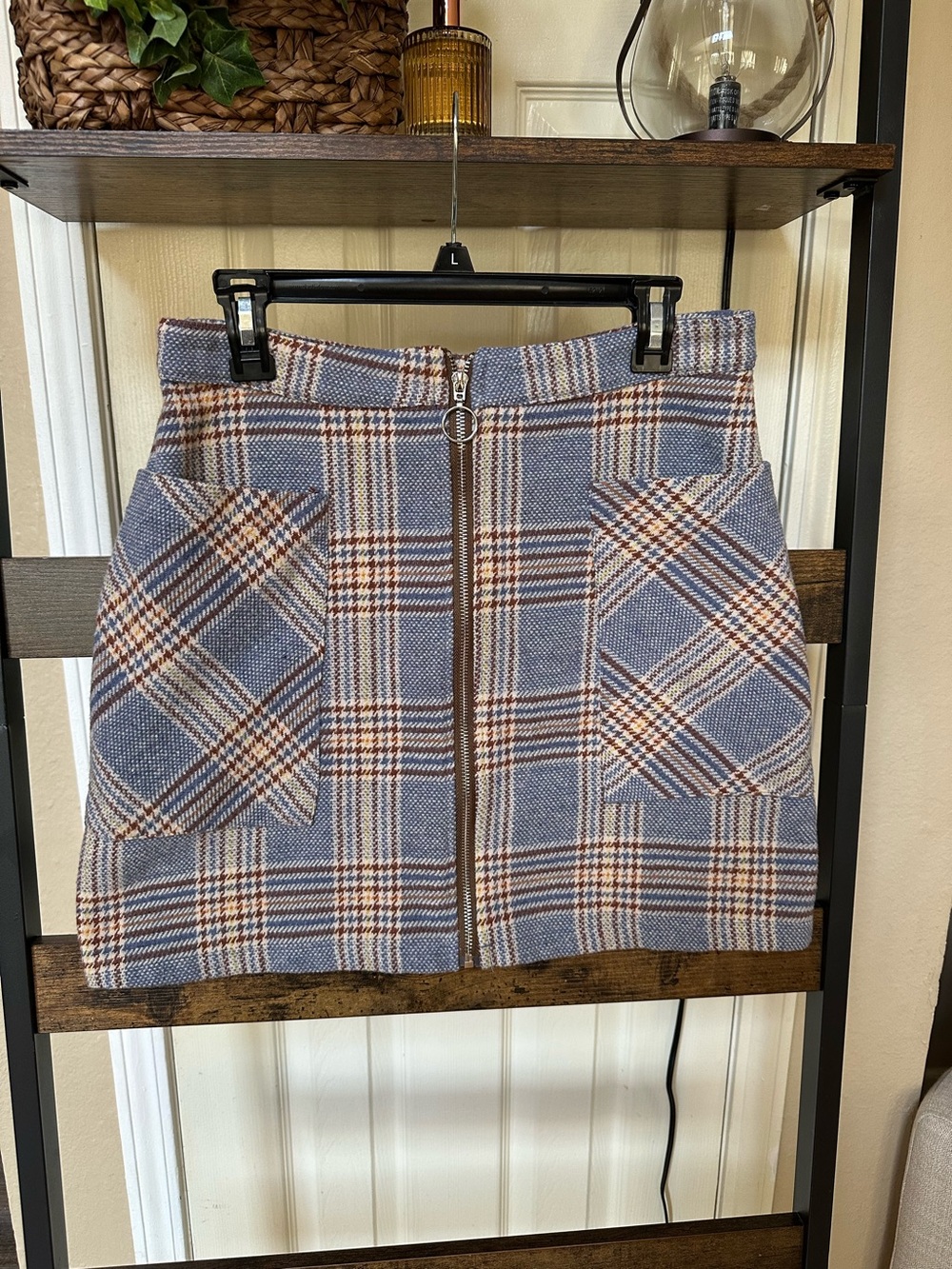 Plaid Zip-Front Mini Skirt in Blue and Brown